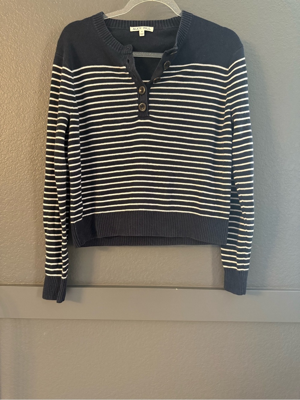 ALEX MILL • Marine Navy & White Striped Henley Sweater - Medium - Picture 2 of 5
